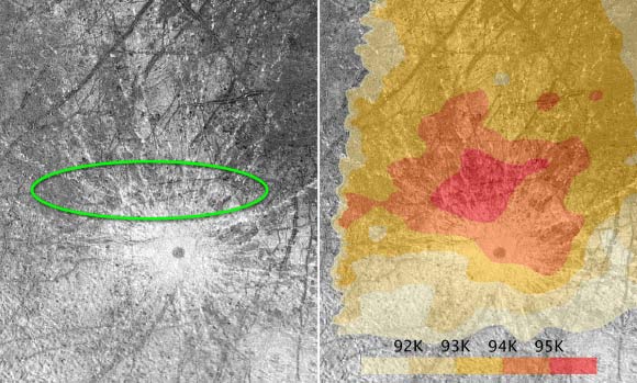 The green oval highlights the plumes Hubble observed on Europa. The area also corresponds to a warm region on Europa’s surface. The map is based on observations by the Galileo spacecraft. Image credit: NASA / ESA / STScI / USGS.