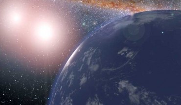 This artist’s concept shows a hypothetical aquaplanet around the binary star system of Kepler-35. Image credit: NASA / JPL-Caltech.