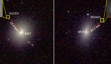 Ahn et al found two ultra-compact dwarf galaxies, VUCD3 and M59cO, with supermassive black holes. The findings suggest that these dwarf galaxies are likely tiny leftovers of larger galaxies that were stripped of their outer layers after colliding into other, larger galaxies Messier 87 and Messier 59, respectively. Image credit: NASA / Space Telescope Science Institute.