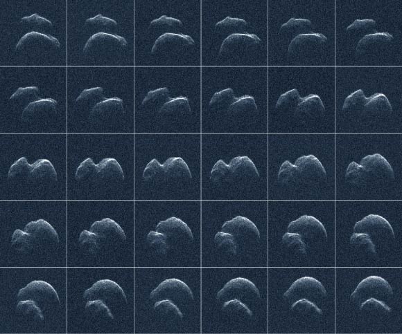 This composite of 30 images of the asteroid 2014 JO25 was generated with radar data collected using NASA’s Goldstone Solar System Radar. The radar images were collected on April 18, 2017. At the time, 2014 JO25 was 1.9 million miles (3 million km) from Earth. Image credit: NASA / JPL-Caltech / GSSR.