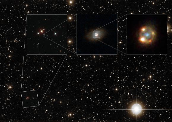 This composite image shows iPTF16geu, as seen with different telescopes. The background image shows a wide-field view of the night sky as seen with the Palomar Observatory. The leftmost image shows observations made with the Sloan Digital Sky Survey. The central image was taken by Hubble and shows the lensing galaxy. The rightmost image was also taken with Hubble and depicts the four lensed images of iPTF16geu, surrounding the lensing galaxy. Image credit: NASA / ESA / Hubble / Sloan Digital Sky Survey / Palomar Observatory / California Institute of Technology.