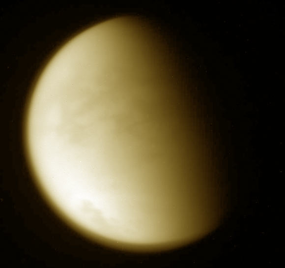 This image of Titan (colorized) was captured by Cassini during its final close flyby of the hazy moon on April 21, 2017. Image credit: NASA / JPL-Caltech / Space Science Institute.