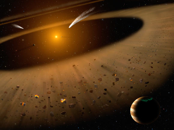 Artist’s illustration of the Epsilon Eridani system. In the right foreground, the Jupiter-mass planet Epsilon Eridani b is shown orbiting its star at the outside edge of an asteroid belt. In the background can be seen another narrow asteroid or comet belt plus an outermost belt similar in size to our Solar System’s Kuiper Belt. The similarity of the structure of the Epsilon Eridani system to our Solar System is remarkable, although Epsilon Eridani is much younger than our Sun. Image credit: NASA / SOFIA / Lynette Cook.