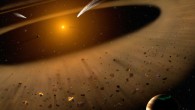 Artist’s illustration of the Epsilon Eridani system. In the right foreground, the Jupiter-mass planet Epsilon Eridani b is shown orbiting its star at the outside edge of an asteroid belt. In the background can be seen another narrow asteroid or comet belt plus an outermost belt similar in size to our Solar System’s Kuiper Belt. The similarity of the structure of the Epsilon Eridani system to our Solar System is remarkable, although Epsilon Eridani is much younger than our Sun. Image credit: NASA / SOFIA / Lynette Cook.