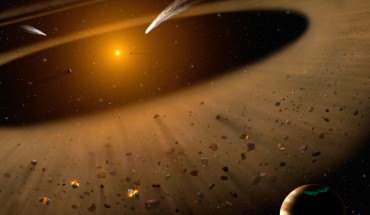 Artist’s illustration of the Epsilon Eridani system. In the right foreground, the Jupiter-mass planet Epsilon Eridani b is shown orbiting its star at the outside edge of an asteroid belt. In the background can be seen another narrow asteroid or comet belt plus an outermost belt similar in size to our Solar System’s Kuiper Belt. The similarity of the structure of the Epsilon Eridani system to our Solar System is remarkable, although Epsilon Eridani is much younger than our Sun. Image credit: NASA / SOFIA / Lynette Cook.