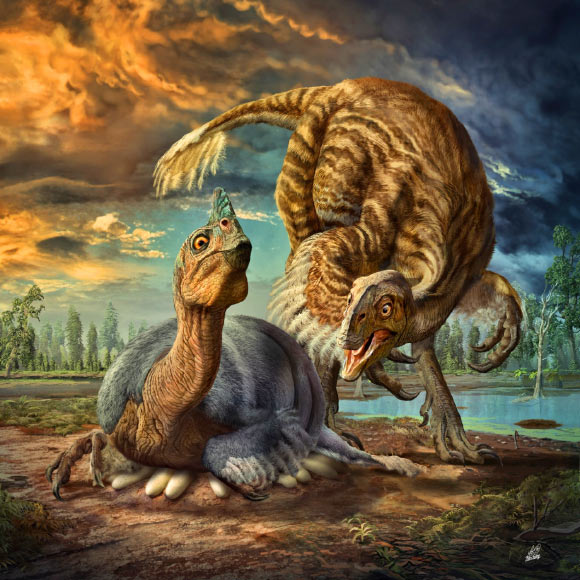 A nesting cassowary-like dinosaur named Beibeilong sinensis in the act of incubating eggs. Image credit: Zhao Chuang.