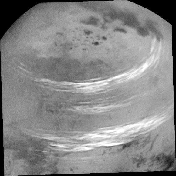 This image was taken on May 7, 2017, at a distance of 316,000 miles (508,000 km). The view is an orthographic projection centered on 57 degrees north latitude, 48 degrees west longitude. Image credit: NASA / JPL-Caltech / Space Science Institute.