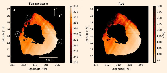 Maps of the temperature and lava crust age within Loki Patera, derived from the LBTO observations. The higher temperatures in the southeast (location 3) indicate that new magma was exposed most recently in this location. Image credit: Large Binocular Telescope Observatory.