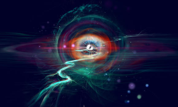 This is an artistic view of the decay of a quantum-mechanical monopole into a Dirac monopole. Image credit: Heikka Valja.