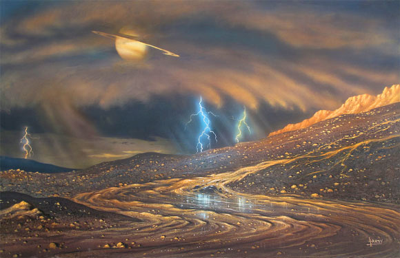 It’s raining on Titan. Image credit: David A. Hardy, AstroArt / NASA.