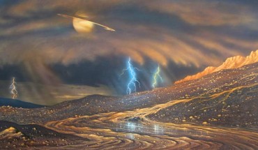 It’s raining on Titan. Image credit: David A. Hardy, AstroArt / NASA.