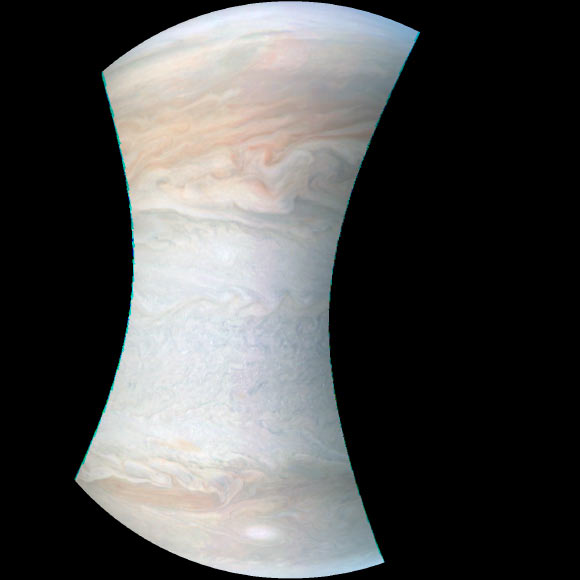 Juno captured this image 6,247 miles (10,053) km from Jupiter’s cloud tops during its close flyby on May 19, 2017. Image credit: NASA / JPL-Caltech / SwRI / MSSS.