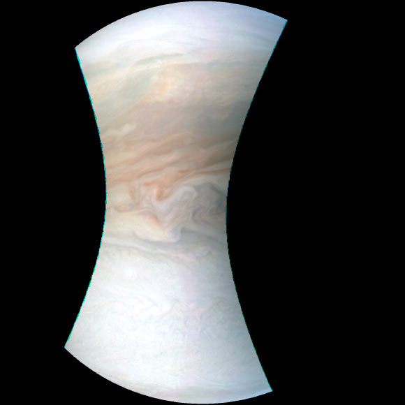 Juno captured this image 4,761 miles (7,662 km) from Jupiter’s cloud tops during its close flyby on May 19, 2017. Image credit: NASA / JPL-Caltech / SwRI / MSSS.