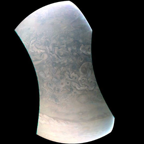 Juno captured this image 10,096 miles (16,248 km) from Jupiter’s cloud tops during its close flyby on May 19, 2017. Image credit: NASA / JPL-Caltech / SwRI / MSSS.