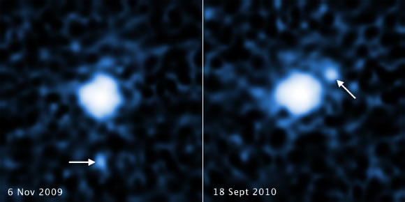 These two images, taken in 2009 and 2010, reveal a moon orbiting the dwarf planet 2007 OR10. Each image, taken by Hubble’s Wide Field Camera 3, shows the companion in a different orbital position around its parent body. Image credit: NASA / ESA / C. Kiss, Konkoly Observatory / J. Stansberry, STScI.