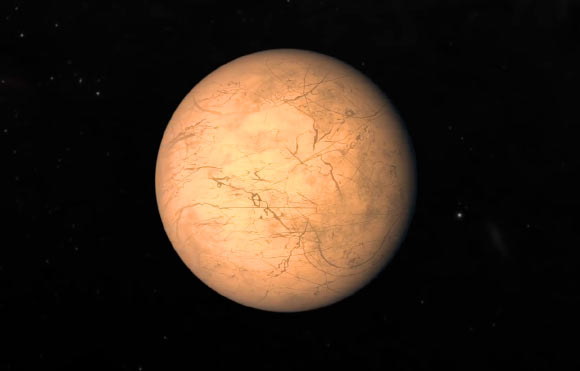 TRAPPIST-1h is shown as covered in ice, similar to Jupiter’s icy moon Europa. Image credit: NASA.