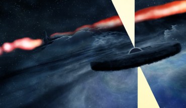 Artist’s conception of the newly-discovered object orbiting the main, central supermassive black hole of the galaxy Cygnus A. Image credit: Bill Saxton / NRAO / AUI / NSF.