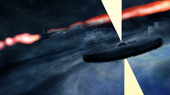 Artist’s conception of the newly-discovered object orbiting the main, central supermassive black hole of the galaxy Cygnus A. Image credit: Bill Saxton / NRAO / AUI / NSF.