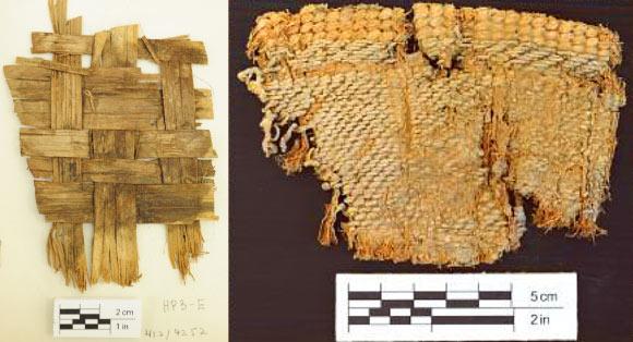 Left: 10,500-year old fragment of a mat woven from rush stalks. Right: basket remnants retrieved from the Huaca Prieta site were made from diverse materials including a local reed that is still used today by modern basket makers. Image credit: Tom Dillehay, Vanderbilt University / Florida Atlantic University.