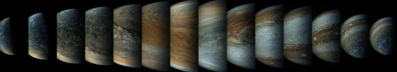 This sequence of JunoCam images shows how quickly the viewing geometry changes for NASA’s Juno spacecraft as it swoops by Jupiter. Once every 53 days Juno swings close to Jupiter, speeding over its clouds. In just two hours, the spacecraft travels from a perch over Jupiter’s north pole through its closest approach (perijove), then passes over the south pole on its way back out. This sequence shows 14 enhanced-color images. The first image on the left shows the entire half-lit globe of Jupiter, with the north pole approximately in the center. As the spacecraft gets closer to Jupiter, the horizon moves in and the range of visible latitudes shrinks. The third and fourth images in this sequence show the north polar region rotating away from our view while a band of wavy clouds at northern mid-latitudes comes into view. By the fifth image of the sequence the band of turbulent clouds is nicely centered in the image. The seventh and eighth images were taken just before the spacecraft was at its closest point to Jupiter, near Jupiter’s equator. Even though these two pictures were taken just four minutes apart, the view is changing quickly. As the spacecraft crossed into the southern hemisphere, the bright ‘south tropical zone’ dominates the ninth, 10th and 11th images. The white ovals in a feature nicknamed Jupiter’s “String of Pearls” are visible in the 12th and 13th images. In the 14th image Juno views Jupiter’s south poles. Image credit: NASA / Southwest Research Institute / MSSS / Gerald Eichstädt / Seán Doran.