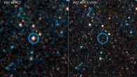 This pair of visible-light and near-infrared Hubble photos shows N6946-BH1 before and after it vanished out of sight by imploding to form a black hole. The left image shows the star as it looked in 2007. In 2009, the star shot up in brightness to become over 1 million times more luminous than our Sun for several months. But then it seemed to vanish, as seen in the right panel image from 2015. A small amount of IR light has been detected from where the star used to be. This radiation probably comes from debris falling onto a black hole. Image credit: NASA / ESA / C. Kochanek, Ohio State University.