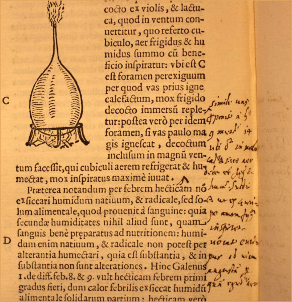 Santorio’s marginal note to col. 406C-D, in Santorio Santorio, Commentaria in Primam Fen Primi Libri Canonis Avicennae (Venice, 1625). Image credit: British Library.