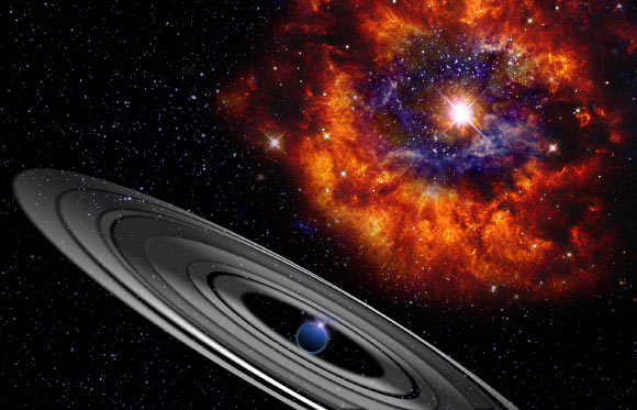 Artist’s impression of the giant exoplanet orbiting the star PDS 110. The planet, PDS 110b, has an estimated mass about 50 times that of Jupiter and is encircled by a ring of dust. Image credit: University of Warwick.
