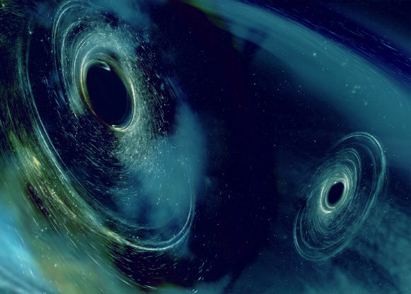 Artist’s conception shows two merging black holes similar to those detected by LIGO. The black holes are spinning in a non-aligned fashion, which means they have different orientations relative to the overall orbital motion of the pair. LIGO found hints that at least one black hole in the GW170104 system was non-aligned with its orbital motion before it merged with its partner. Image credit: LIGO / Caltech / MIT / Sonoma State / Aurore Simonnet.