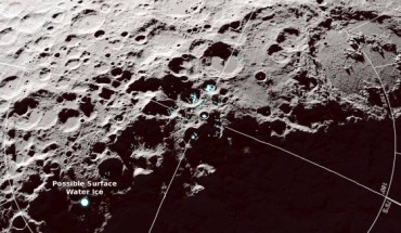 A view of the Moon’s south pole showing where reflectance and temperature data indicate the possible presence of surface water ice. Image credit: NASA’s Scientific Visualization Studio.