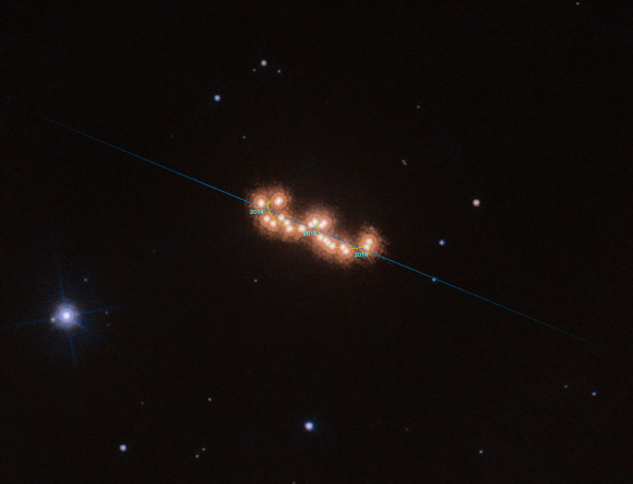 This series of dots with varying distances between them shows the slow dance of two members of the brown-dwarf binary system Luhman 16AB. The image is a stack of 12 images made over the course of three years with Hubble. Image credit: NASA / ESA / Hubble / L. Bedin et al.