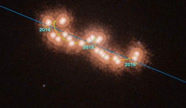 This series of dots with varying distances between them shows the slow dance of two members of the brown-dwarf binary system Luhman 16AB. The image is a stack of 12 images made over the course of three years with Hubble. Image credit: NASA / ESA / Hubble / L. Bedin et al.