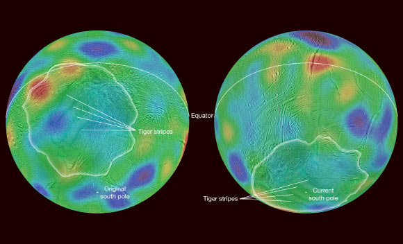 Tajeddine et al have found evidence that Enceladus may have tipped over, reorienting itself so that terrain closer to its original equator was relocated to the poles. Image credit: NASA / JPL-Caltech / Space Science Institute / Cornell University.