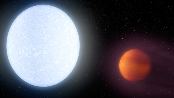 Artist’s illustration of the star KELT-9 (left) and its planet KELT-9b (right). The planet takes only 1.5 days to complete a revolution around its host star. Image credit: NASA / JPL-Caltech / Robert Hurt.