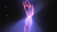 Composite image of the Boomerang Nebula: ALMA observations (orange) showing the hourglass-shaped outflow, which is embedded inside a roughly round ultra-cold outflow; the hourglass outflow stretches more than 1.9 trillion miles from end to end, and is the result of a jet that is being fired by the central star, sweeping up the inner regions of the ultra-cold outflow like a snow-plow; the ultra-cold outflow is about 10 times bigger. The ALMA data are shown on top of an image from the NASA/ESA Hubble Space Telescope (blue). Image credit: ALMA / ESO / NAOJ / NRAO / NASA / ESA / Hubble / AUI / NSF.