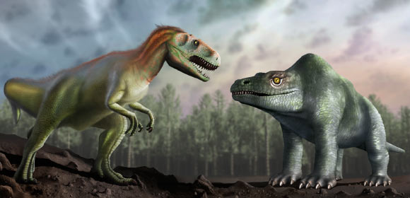 Artist’s impression of how Victorian paleontologists thought Megalosaurus bucklandii looked (right), compared with how we now understand it to have looked (left). Image credit: Mark Garlick / University of Warwick.