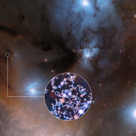 This image shows a region of star formation where methyl isocyanate was found. The insert shows the molecular structure of this chemical. Image credit: L. Calcada / ESO / Digitized Sky Survey 2.