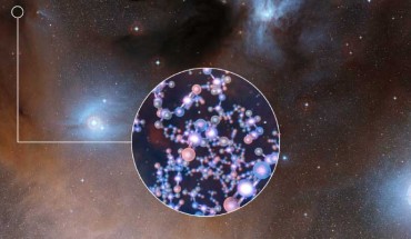 This image shows a region of star formation where methyl isocyanate was found. The insert shows the molecular structure of this chemical. Image credit: L. Calcada / ESO / Digitized Sky Survey 2.