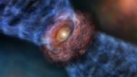 Artist’s impression of Orion KL Source I. The massive protostar is surrounded by a disk of gas and dust. The outflow is launched from the surface of the outer disk. Image credit: ALMA / ESO / NAOJ / NRAO.