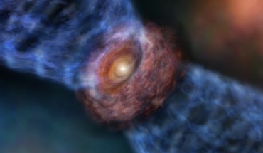 Artist’s impression of Orion KL Source I. The massive protostar is surrounded by a disk of gas and dust. The outflow is launched from the surface of the outer disk. Image credit: ALMA / ESO / NAOJ / NRAO.