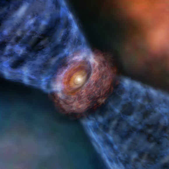 Artist’s impression of Orion KL Source I. The massive protostar is surrounded by a disk of gas and dust. The outflow is launched from the surface of the outer disk. Image credit: ALMA / ESO / NAOJ / NRAO.