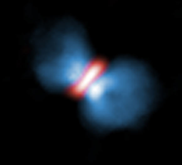 Orion KL Source I observed with ALMA. The massive protostar is located in the center and surrounded by a gas disk (red). A bipolar gas outflow is ejected from the protostar (blue). Image credit: ALMA / ESO / NAOJ / NRAO / Hirota et al.