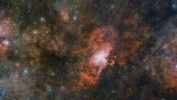 This trio of nebulae -- the Omega Nebula (left), the Eagle Nebula (center), and Sharpless 2-54 (right) -- makes up just a portion of a vast complex of gas and dust within which new stars are springing to life and illuminating their surroundings. Image credit: ESO.