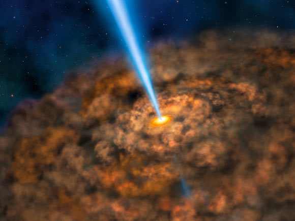 Artist illustration of the thick ring of dust that can obscure the energetic processes that occur near the supermassive black hole of an active galactic nucleus. Image credit: NASA / SOFIA / Lynette Cook.