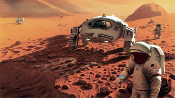 Artist’s concept of humans working on Mars. Image credit: NASA / Johnson Space Center / Pat Rawlings, SAIC.