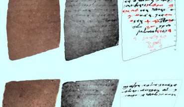 The recto (upper image) and the verso (lower image) of the ostracon Arad 16: color images, multispectral images and manual drawings of the proposed reading. In red: team’s alterations and additions with respect to the original publication. Image credit: Faigenbaum-Golovin et al, doi: 10.1371/journal.pone.0178400.