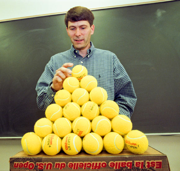 Prof. Hales demonstrates his solution to the Kepler conjecture. Image credit: Bob Kalmbach / University of Michigan.