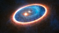 This artist’s impression shows the dust and gas around a binary star system. Image credit: ESO / L. Calcada.