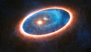 This artist’s impression shows the dust and gas around a binary star system. Image credit: ESO / L. Calcada.