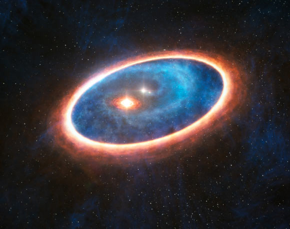 This artist’s impression shows the dust and gas around a binary star system. Image credit: ESO / L. Calcada.
