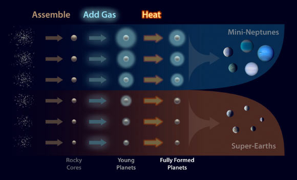 This diagram illustrates how planets are assembled and sorted into two distinct size classes. First, the rocky cores of planets are formed from smaller pieces. Then, the gravity of the planets attracts hydrogen and helium gas. Finally, the planets are ‘baked’ by the starlight and lose some gas. At a certain mass threshold, planets retain the gas and become gaseous mini-Neptunes; below this threshold, the planets lose all their gas, becoming rocky super-Earths. Image credit: NASA / Ames Research Center / JPL-Caltech / R. Hurt.